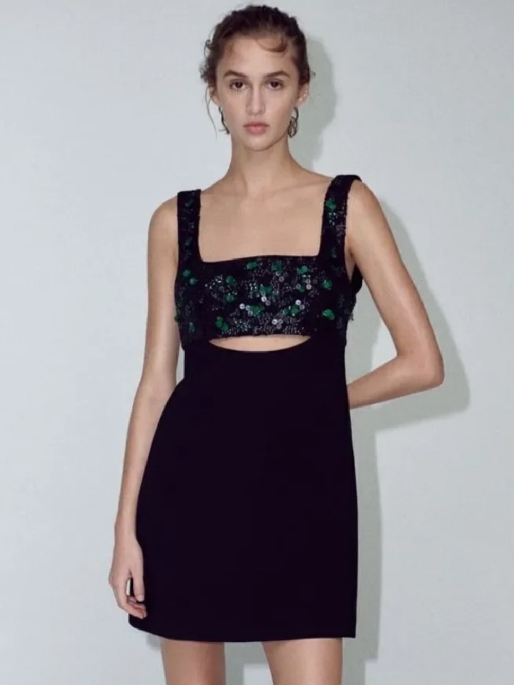 Zara Black Mini Dress with Green Sequin Bodice